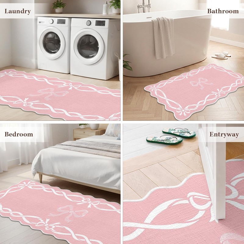 Scalloped Kitchen Rug Set of 3, Pink Bow Kitchen Mats
