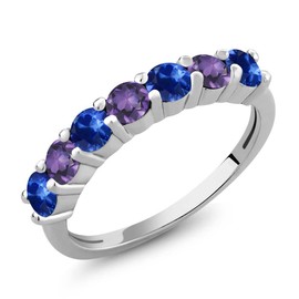 Gem Stone King 1.41 Cttw Round Blue Sapphire and Purple Amethyst 925 Sterling Silver Wedding Anniversary Ring For Women | Gemstone Birthstone | Available In Size 5, 6, 7, 8, 9