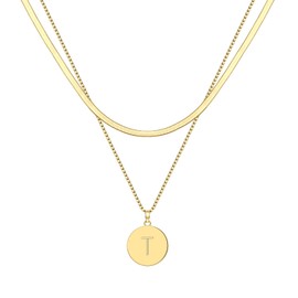 Gold Layered Initial Necklaces for Women Gold Plated Coin Pendant Necklace Snack Chain Choker Necklace for Girls (T)