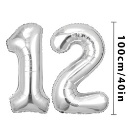 Number Balloons 12,Sliver Balloons 12 for Birhtday Party Decoration,40 Inch Giant Helium Foil Number Balloons for Women Men 12th Birthday Party Decor Anniversary Party Decorations Supplies