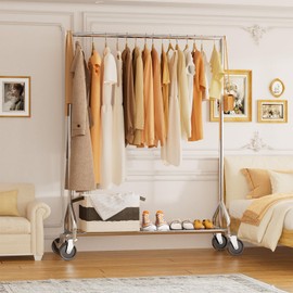 Ekisemio Rolling Clothes Rack Load 450 LBS, Heavy Duty Garment Rack for Hanging Clothes, Standing Metal Clothing Rack with Lockable Wheels, Chrome