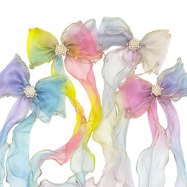 4PCS Colorful Ribbon Hair Bow Clips, Rainbow Bows with Pearls Tassels, Big Bowknot Hair Barrettes, Alligator Clips Hair Accessories for Daily Hairstyle Design Photo Prop Banquets for Women