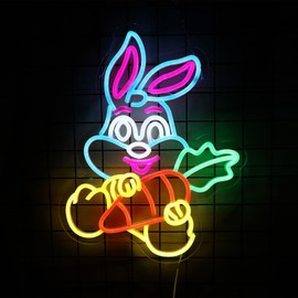 Rabbit with Carrot Easter Neon Sign Window Lights Led Bunny Neon Light Easter Decorations Rabbit Light Up Sign for Room Decor Wall Decor Holiday Gift