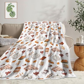 Fall Throw Blanket,Soft Pumpkin Spice and Everything Nice with Books Wraps Coffees Lattes Pumpkins Pies Blanket, Soft Warm Flannel Blanket for Living Room Couch Bed Chair or Dorm