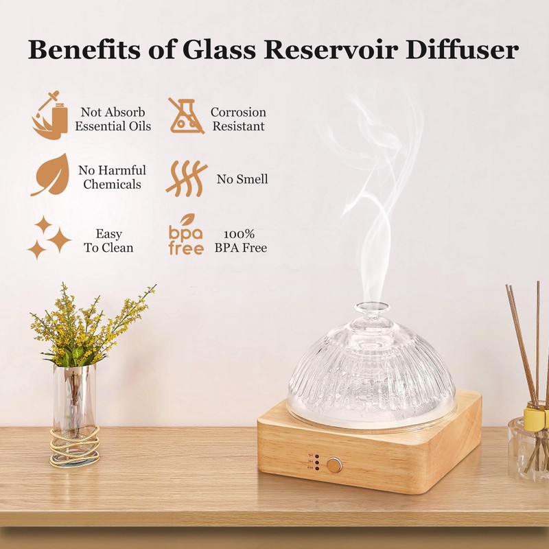 Lecdura Glass Essential Oil Diffuser with Glass Reservoir & Wood