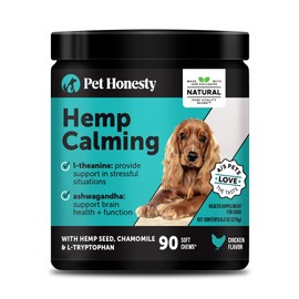 Natural Hemp Calming Chews for Dogs - Calming Aid Supplement for Occasional Anxiousness with Valerian Root, Chamomile, + Magnesium - Stress, Separation & Thunder Support - (Chicken, 90 Count)