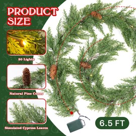 MINDELF 6 FT Christmas Garland with Lights, Battery Operated Pre-Lit Pine Cone Greenery, 20 Warm LEDs Artificial Xmas Decor with Timer, Holiday Decoration for Indoor Mantel Staircase Doorway Window