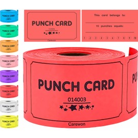 100 Carewon Red Reward Punch Cards (8 Colors Available), Incentive & Loyalty Reward Cards - for Classroom, Business, Dental Office, Medical Doctor, Salon & More - 3.5" x 2" - Red Card