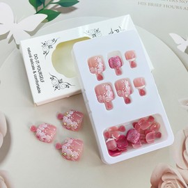 Flower Glitter Press on Toenails White French Tip Fake Toenails Short Square Toe Nails Glossy Full Cover Toe Nails for Women