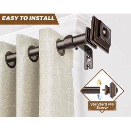 KAMANINA Bronze Curtain Rods for Windows 66 to 120 Inch, 1 Inch Heavy Duty Long Curtain Rod 32 to 115 (2.6-9.6ft), Adjustable Single Drapery Rods with Square Finials
