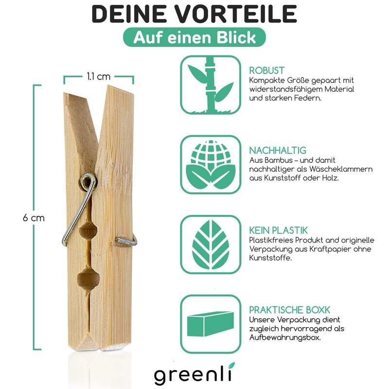 greenli® 50 x Bamboo Clothes Pegs, 6 cm, The Sustainable