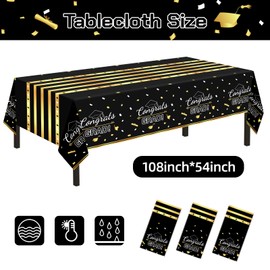Childom 3 Pack Graduation Tablecloth, Graduation Party Decorations 2025 Black and Gold, Graduation Table Cloth 54"x108" Waterproof Plastic Disposable Tablecloth for Parties, Graduation Party Supplies