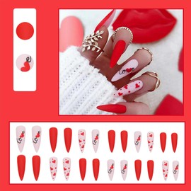 LBPEPAMZ Valentine Press on Nails Extra Long Stiletto Fake Nails with Red Heart Designs Red Full Cover Matte Acrylic Nails False Nails Cute Valentines Artificial Stick on Nails for Women 24Pcs