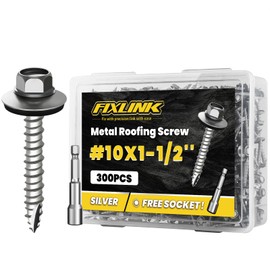 Metal Roofing Screws #10 x 1-1/2", 300 PCS, FIXLINK RUSPERT Hex Head Rubber Washer Sheet Metal Roof Screws Self Tapping Metal to Wood Siding Screws, Hex Socket Included, Silver