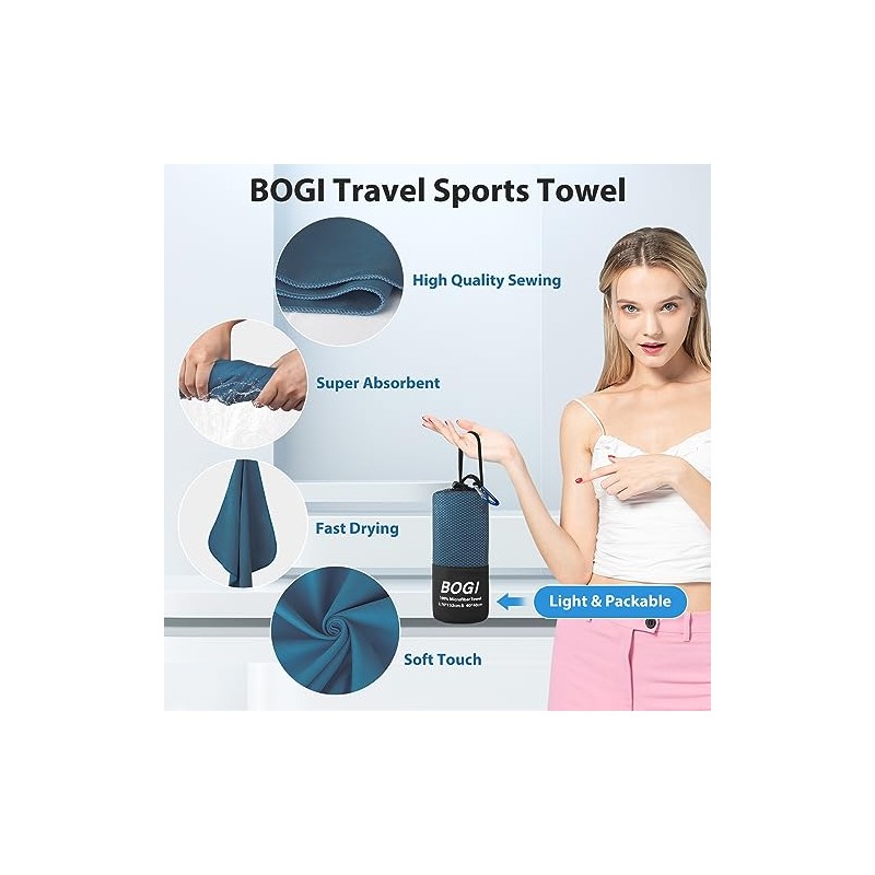 BOGI Toalla de Microfibra para Viaje/Deportes- Antibacterial, Secado Rápido, Suave,