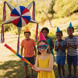 Traditional Mexican Star Pinata - 5 Spikes Design - Great for Birthdays, 4th of July, Independence Day, Superhero Parties - Large, Holds Candy and Toys