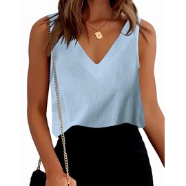 Chigant Women Linen Tank Top Cotton V Neck Sleeveless Shirt Basic Summer Basic Tank T-Shirt for Women Light Blue