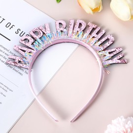 Gtziqa Birthday Crown, Happy Birthday Girl Headband, Shiny Princess Crown Tiara Headbands for Women and Girls Hair Bands Hoops Plastic Glitter Headband Suit Adjustable Party Hats Decorations (Pink)