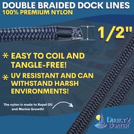 1/2" x 20' - Dark Navy (2 Pack) Durable Double Braided Nylon Dock Line - for Boats up to 35' - Long Lasting Mooring Rope - Strong Nylon Dock Ropes for Boats - Marine Grade Sailboat Docking Rope