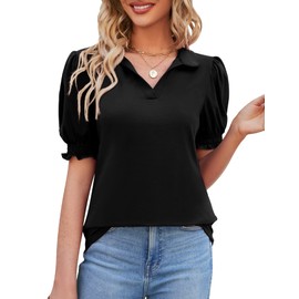 Micoson Summer Collared Shirts for Women Short Sleeve Polo Tunic Tops Summer V Neck Puff Sleeve Blouse Black XL
