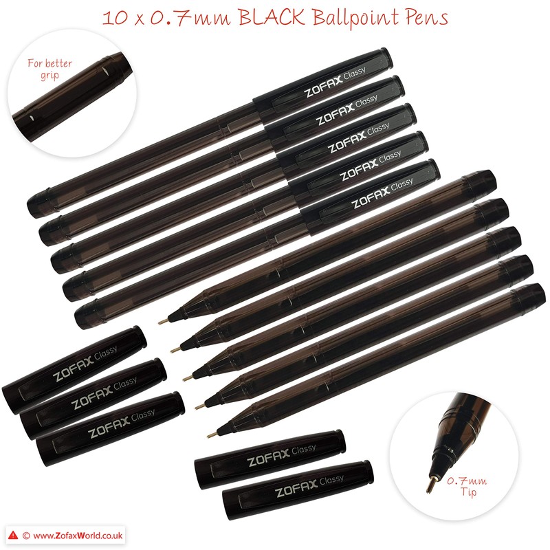 ZOFAX Classy 10 x 0.7mm Fine Biros BLACK Stick Ballpoint