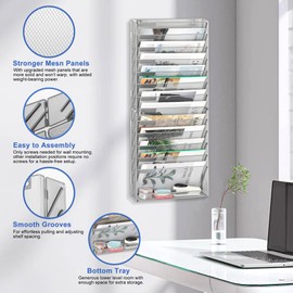 EasyPAG Wall File Holder 14 Tier Mesh Hanging Folder Organizer with Flat Tray Wall Mounted Mail Organizer Magazine Paper Desk Shelf with Nametag Label for Office Home School, Silver
