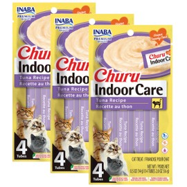 INABA Churu for Cats, Functional, Creamy Lickable Purée Cat Treat for Indoor Care and Hairball Control with Taurine & Vitamin E, 0.5 Ounces Each, 12 Tubes (4 per Pack), Tuna Recipe