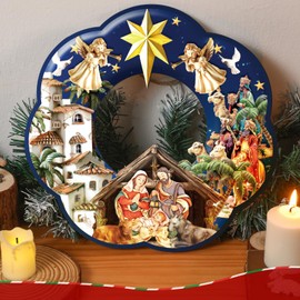Cinnvoice Nativity Scene Wreath Holy Family Wreath Decorations Wooden Christmas Front Door Wreaths Sign Religious Nativity Scene Door Decoration for Xmas Home Window Wall Decor(Holy Family)