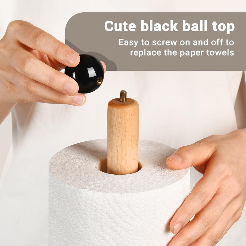 Paper Towel Holder, Wooden Kitchen Roll Stand (Black Ball)