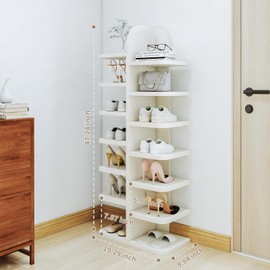 Hestiasko 7-Tier Vertical Shoe Rack, Wooden Shoe Organizer, Double Rows 7 Tier Shoe Shelf, Tall Shoe Rack for 14 Pairs of Shoes, Shoe Stand for Entryway, Hallway, Closet (White)