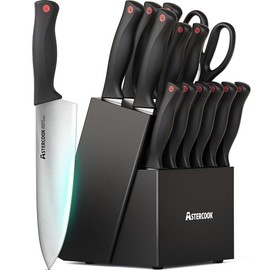 Astercook 15-Piece Knife Set, Stainless Steel Kitchen Knives with Built-in Sharpener, Chef & Steak Knives, Bread Knife, Scissors, and Butter Knife. - Color: 16P-Silver Blade