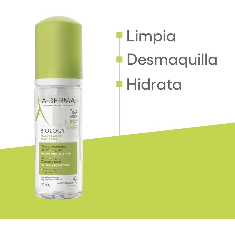ADERMA, Biology Espuma Limpiadora Hidratante Facial con Ingredientes Naturales, 150ml