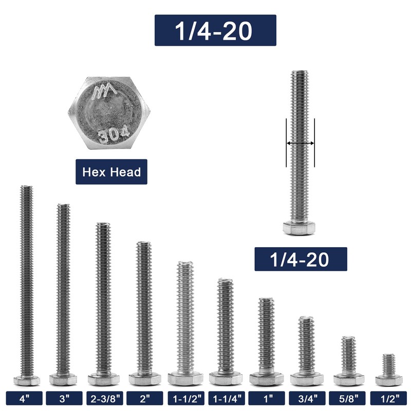1/4-20 x 5/8" Hex Head Screw Bolt, 10Pcs 18-8 (304)