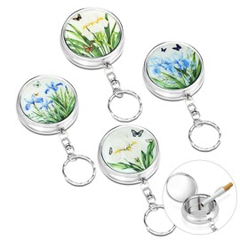 4PCS Pocket Ashtray, Stainless Steel Mini Ashtray with Key-chain, Push-Button Open, 4 Unique Pattern Designs, Compact Portable Metal Ash Tray for Outdoor Travel (2x4.5cm)