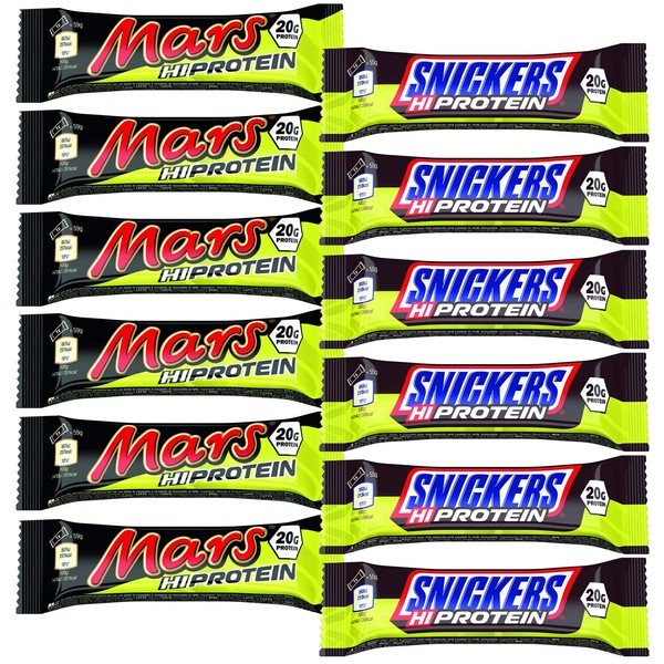 Mars and Snickers Hi Protein Bar Mix - Pack | 6 x 55g Snickers + 6 x 59g Mars Bars | Box Shrink-Wrapped in Film