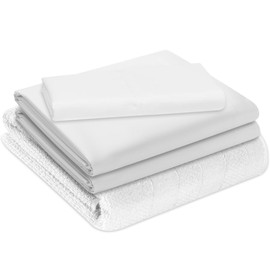 Linteum Textile Supply All in One Hospital Bed Linen Set in a Bag 100% Cotton 4 Piece Hospital Bedding Set White 180 Thread Count Flat Sheet, Jersey Knit Fitted Sheet, Pillow Case & Snag Free Blanket