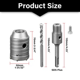 SALI Carbide Hole Saw Drill Bit 50mm with 110mm SDS Plus Adapter, Tungsten Carbide Teeth Cement Hole Saw for Concrete Cement Brick Wall Stone