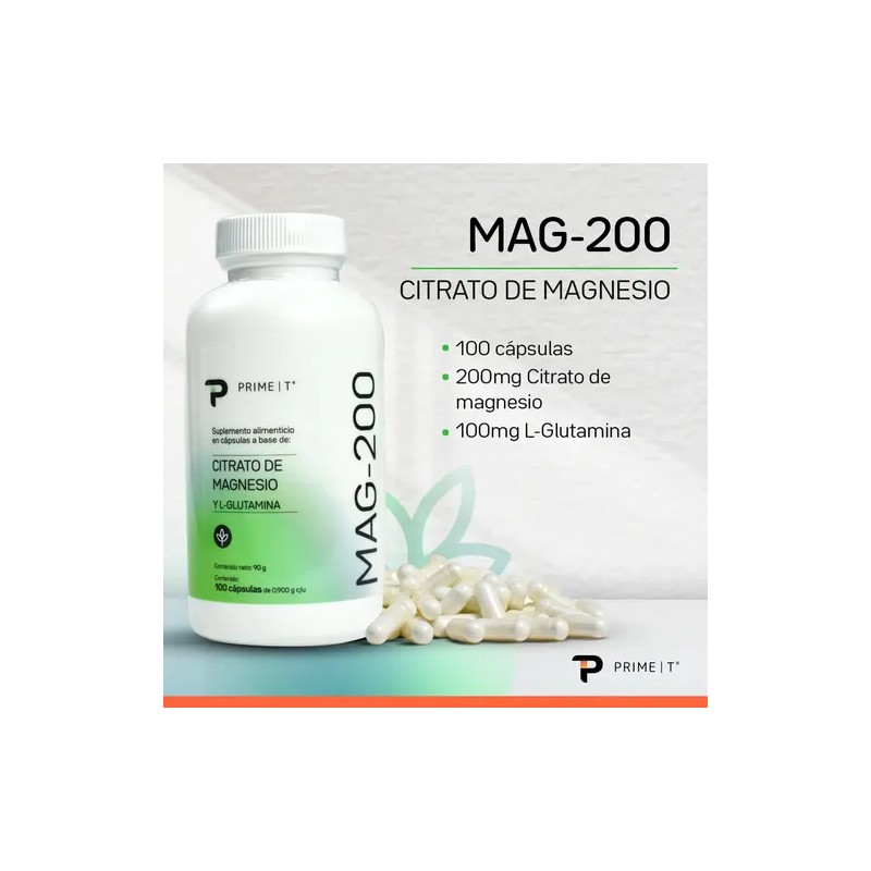 Magnesio Citrato Mag 200 Primetech 100 Cáps Alta Pureza Absorción