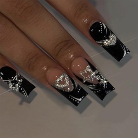 SEMATA Black French Tip Press on Nails Medium Long Square Acrylic Fake Nails Press Ons with Glue 24Pcs Silver Rhinestones Stick on Nail Bling Heart Glue on Artificial False Nail with Designs for Girls