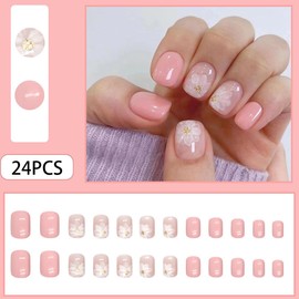 Whiosyrt Press On Nails ShortAcrylic Nails Press on Short Square Press on Nails Fake Nails Glossy Pink False Nails with Iced Camellia Press ons Designs Artificial Nails Stick on Nails for Women Girls 32Pcs