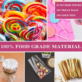 Fusang 8 Capacity Silicone Lollipop Molds,Hard Candy Chocolate Sucker Mold with 20pcs 3.15 inch Lollypop Sucker Sticks,100pcs Candy Treat Bags,100pcs Gold Ties