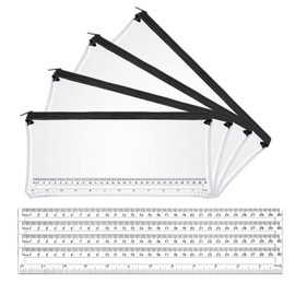 Meng Jiaran 4 PCS Clear Pencil Case for Exams + 4 PCS 30cm Ruler, 32 cm Large Transparent Pencil Case, See Through Pencil Case with Black Zip for School Home Trave
