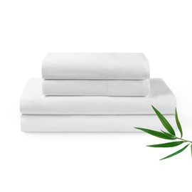 YnM Cooling Bed Sheet Set with 100 Percent Rayon Derived from Bamboo, 400TC Fabric with 2 Pillowcases and Flat Sheet, Deep Pocket Fit 19'', Silky-Soft & Sweat Wicking, 4 Piece (Ca King, White)
