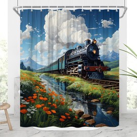 JONSEQIN Train Shower Curtain Vintage Old Steam Engine in The Field Railroad Tracks Wildflowers Floral Farmhouse Landscape Bathroom Decor Curtains 70x70 inch with Hook