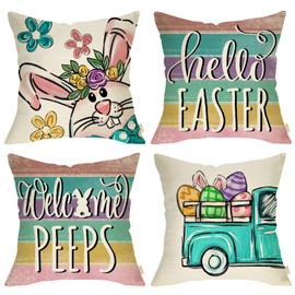 Fjfz Hello Easter Bunny Eggs Truck Decorative Throw Pillow Covers 18 x 18 Set of 4, Spring Welcome Peeps Rabbit Retro Porch Outdoor Home Decor, Floral Farmhouse Stripes Holiday Sofa Couch Cushion Case