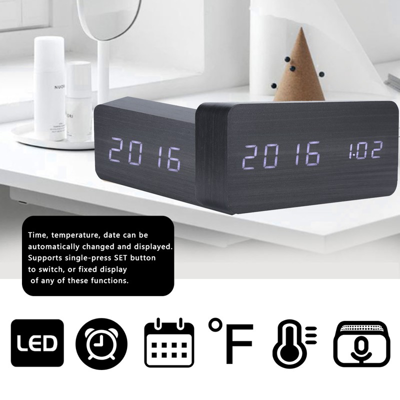 LED Wooden Alarm Clock Electronic Voice Control Temperature Date Table