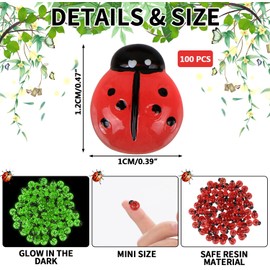 Luminous Ladybugs State, BENOSPACE 100Pcs Mini Resin Glow in The Dark Ladybug Luminous Animal Ornament for Dollhouse Fairy Garden Decoration Tiny Ladybug Figurine DIY Craft Micro Landscape Aquarium