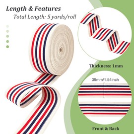 Benecreat Approx. 1.7 ft (4.5 m) Roll, Woven Rubber, Elastic Band, Flat Rubber, Width 1.5 inches (39 mm), Polyester, Red, Stripe, Red Color, Red Color, Strong Elastic, Elastic Band, Elastic Band,