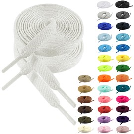 MECOLO Shoelaces, Set of 2 pairs, 32 Colors, Anti-Slip, Won't Untie, Non-Fray, 4 - 12 Holes Supported, 39.4, 47.2, 55.1, 63.0 inches (100, 120, 140, 160 cm) Solid Color Flat Laces, white