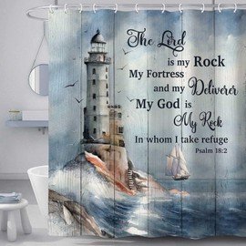 Bzhilja Ocean Lighthouse Shower Curtain, Coastal Nautical Sunrise Beach Seascape Bathroom Curtain, Bible Verse Inspirational Motivational Quote Polyester Fabric with Hooks, 72X84in